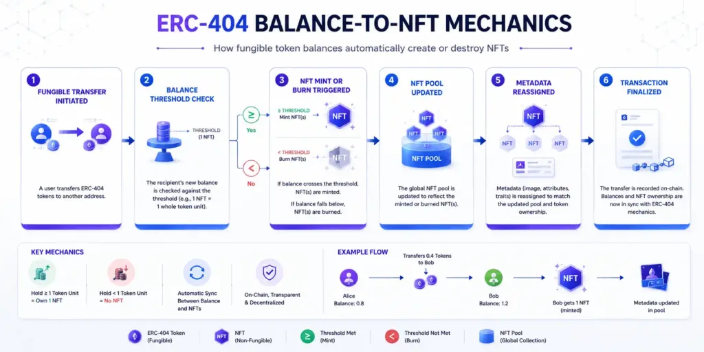 [Flow diagram showing ERC-404 balance-to-NFT mechanics Fungible Transfer Initiated → Balance Threshold Check → NFT Mint or Burn Triggered → NFT Pool Updated → Metadata Reassigned → Transaction Finalized]