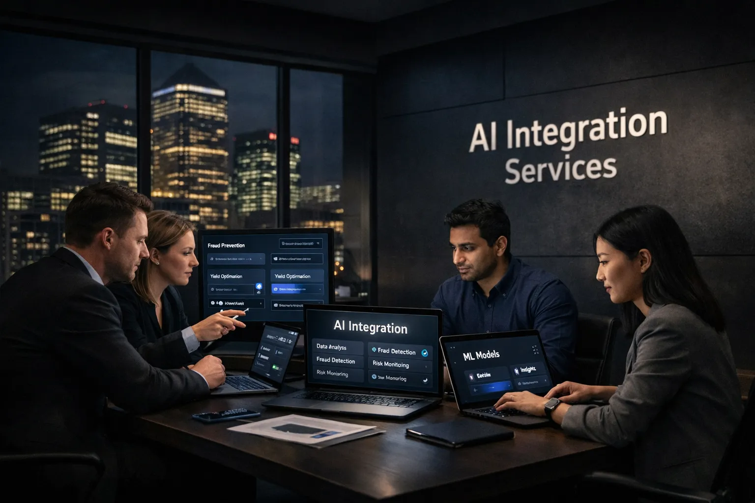 Team of professionals collaborating on AI integration.