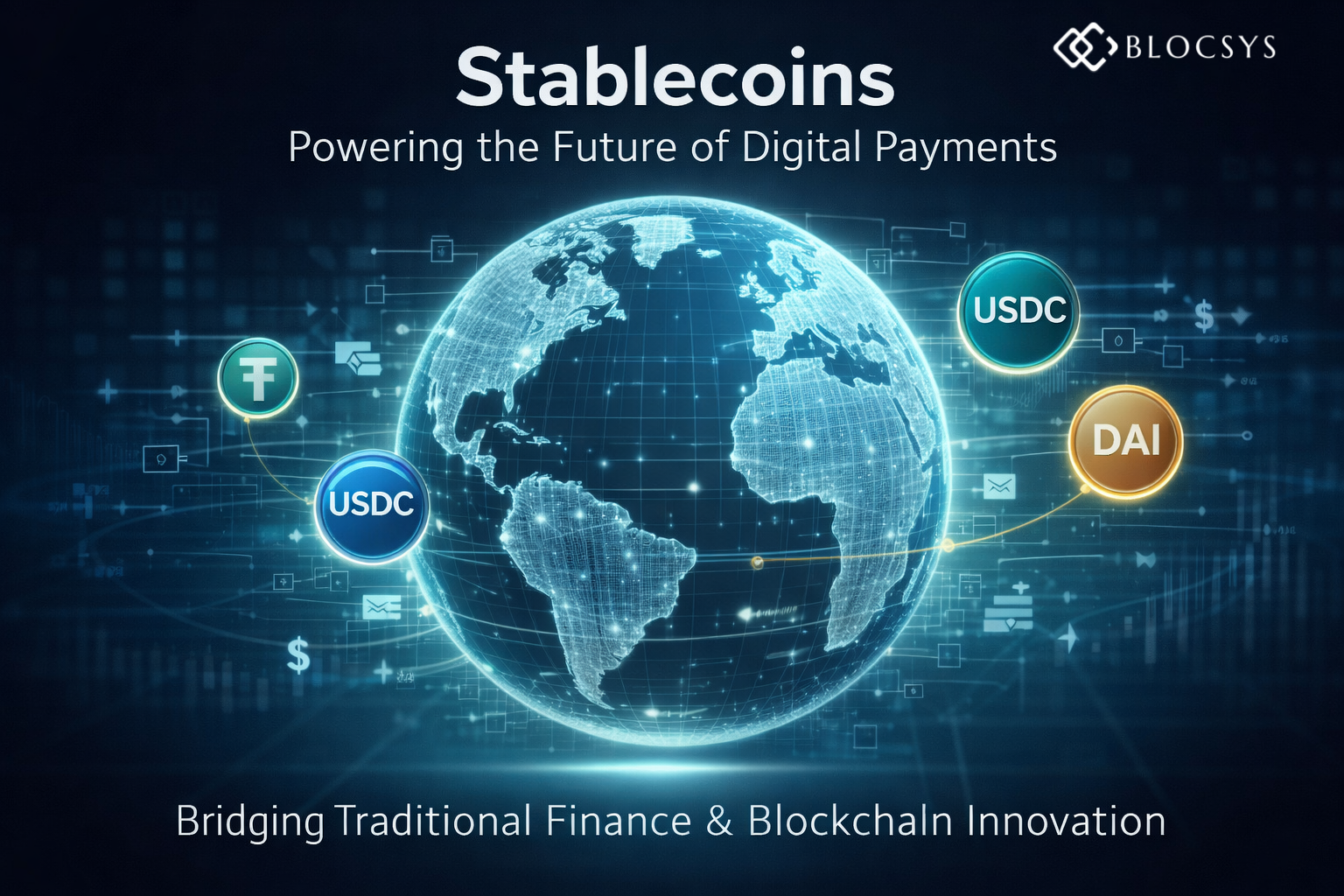 Stablecoins enabling global payments with blockchain-connected world map