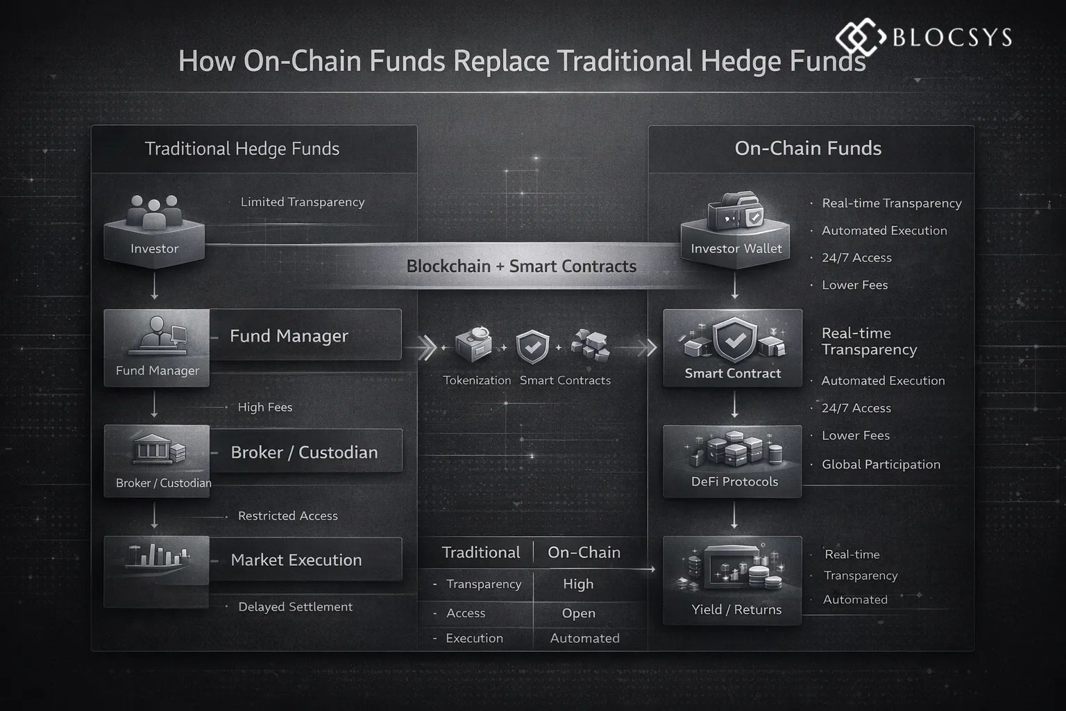 On-chain funds replacing traditional hedge fund workflow diagram