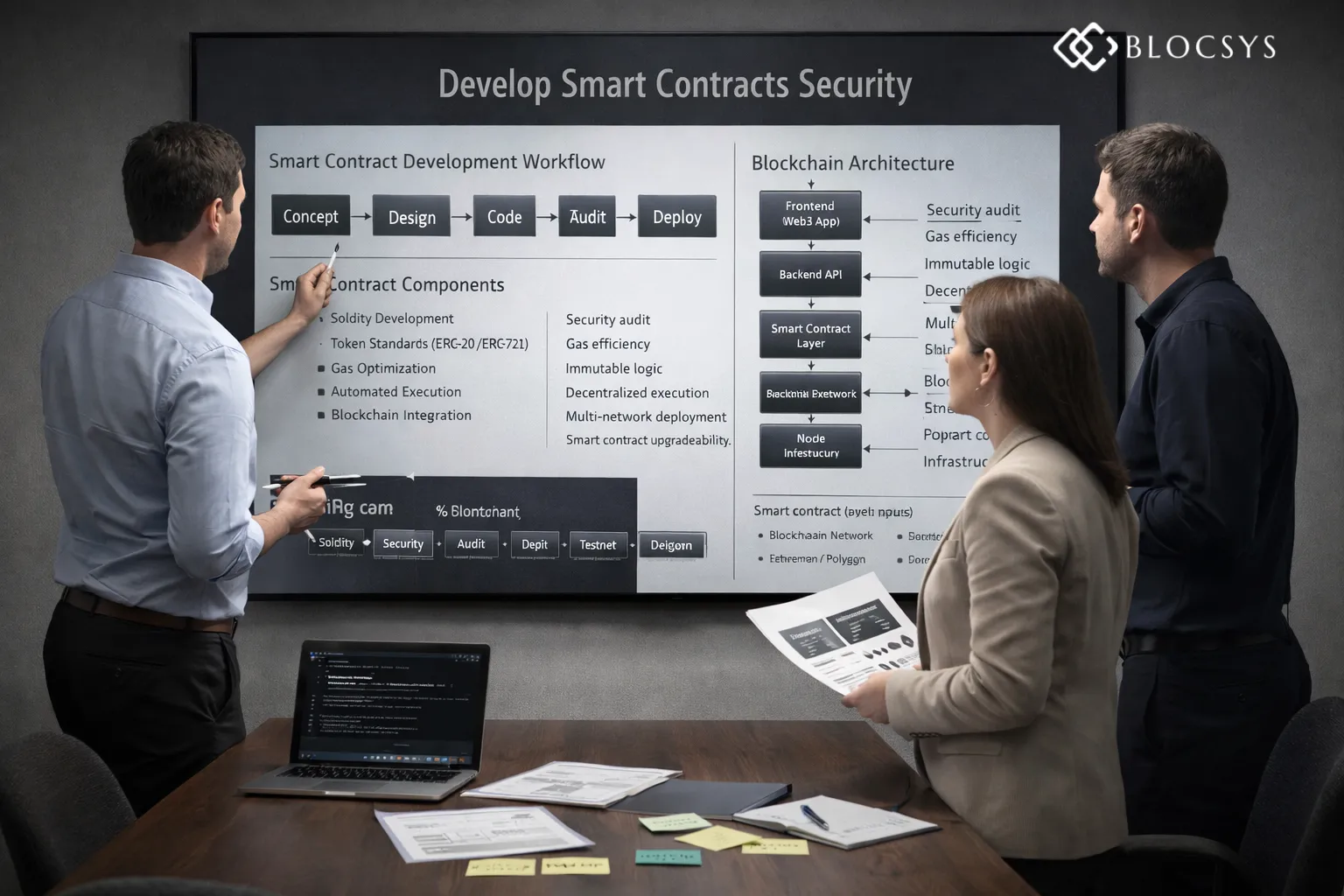 Smart contract development workshop discussing blockchain architecture and security
