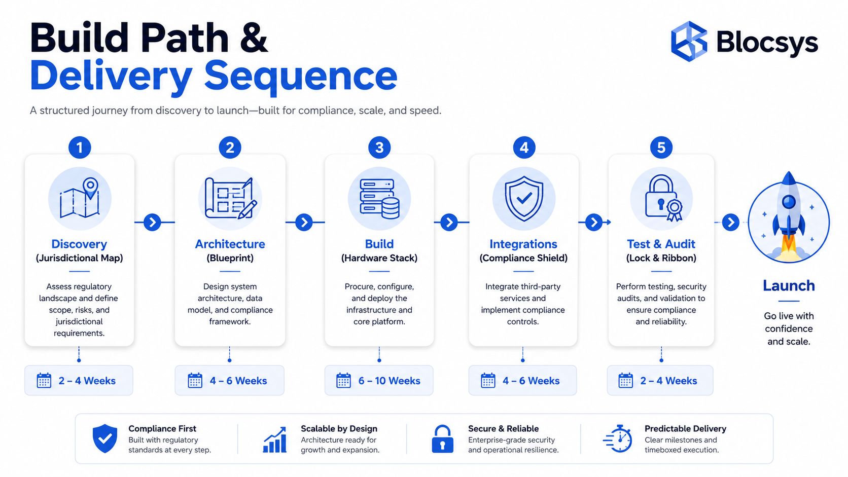 A diagram illustrating the five-step process for building a compliant and scalable blockchain platform from discovery to launch.