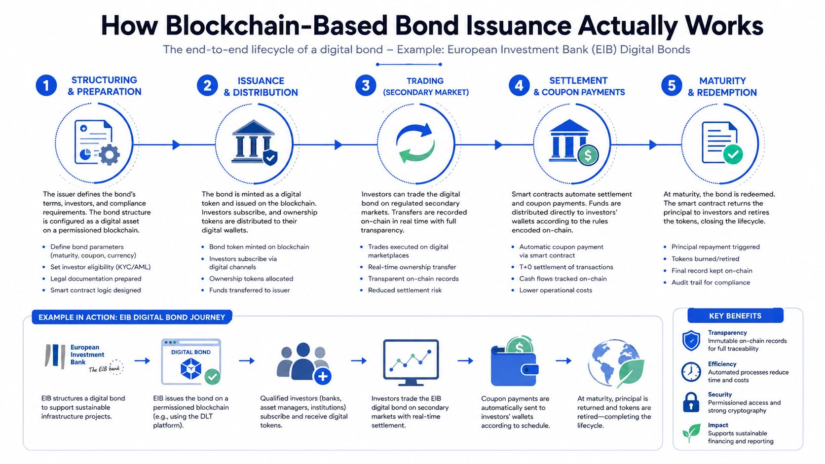 A diagram illustrating the five-stage lifecycle of blockchain-based bond issuance, from structuring to maturity and redemption.