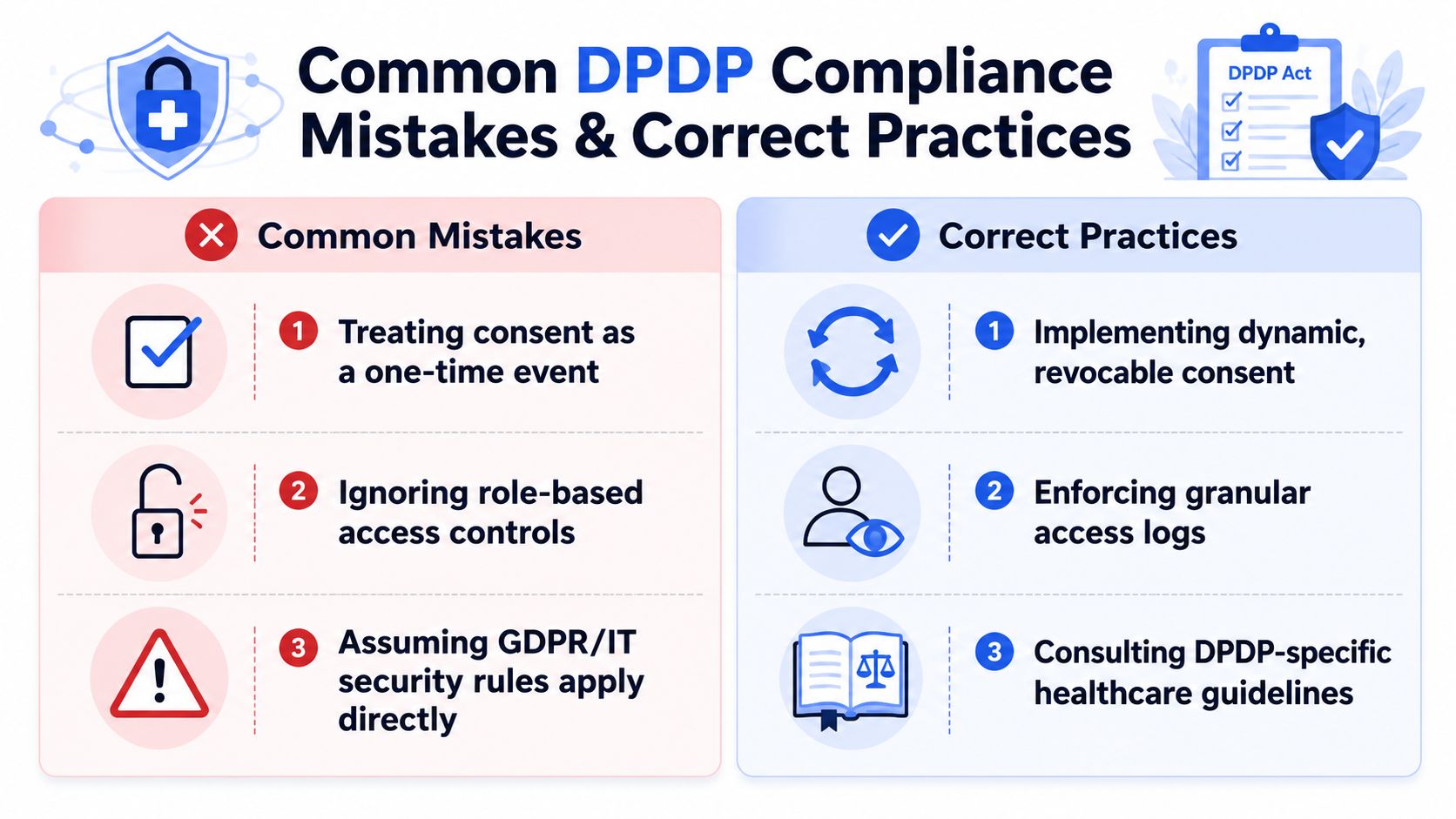 An infographic showing three common mistakes versus three correct practices for achieving DPDP compliance in healthcare systems.