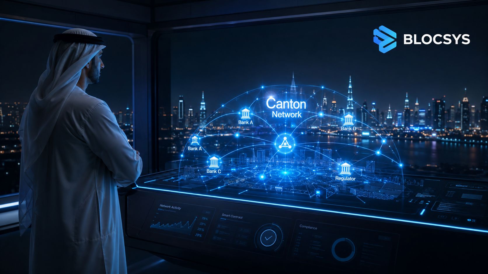 A man in traditional UAE attire looking at a futuristic digital holographic Canton blockchain network display.
