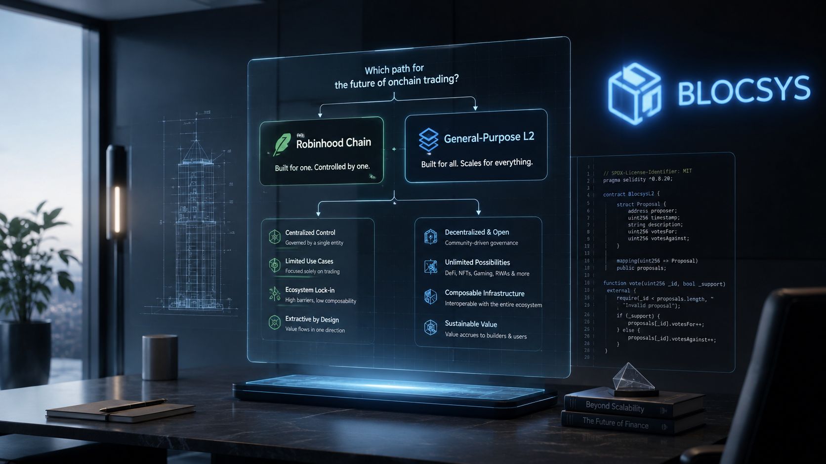A digital display contrasting a centralized Robinhood Chain model against a decentralized General-Purpose L2 blockchain architecture.