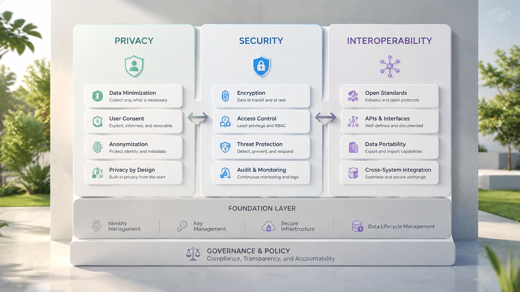 A diagram illustrating a digital framework for privacy, security, and interoperability supported by governance and foundation layers.