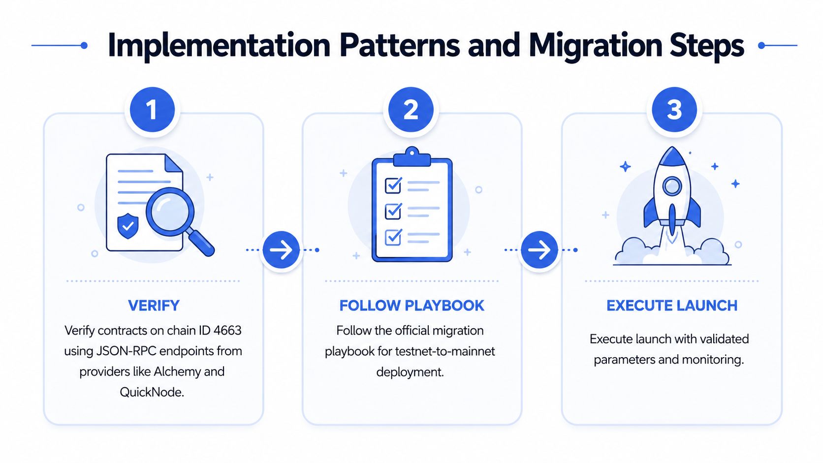 A three-step guide illustrating the implementation patterns and migration steps for a blockchain network launch.