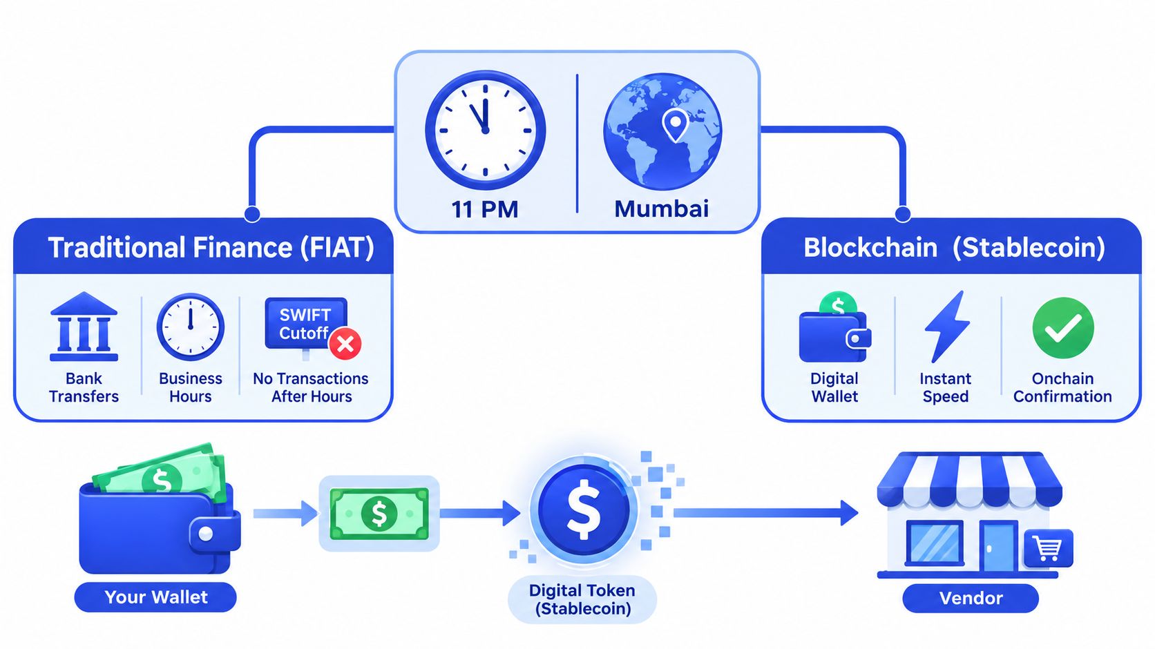 A comparison graphic showing traditional bank fiat transfers versus faster blockchain stablecoin payment systems for vendors.