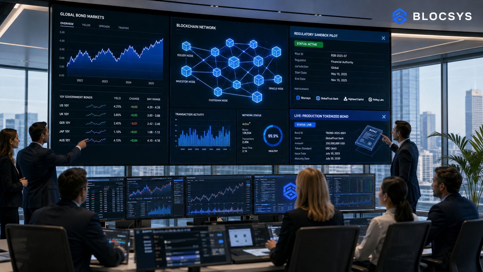 A professional team reviewing real-time blockchain data and bond market analytics on large digital office screens.