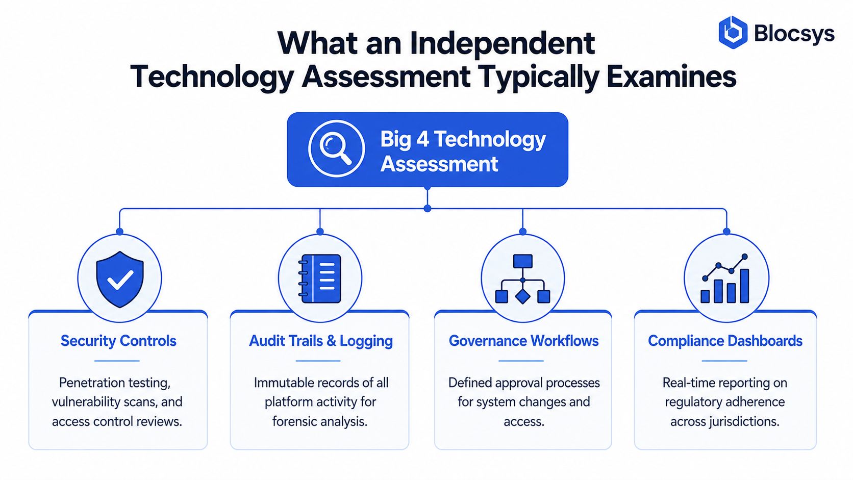 A diagram outlining the four key areas of a Big 4 technology assessment for enterprise platforms.