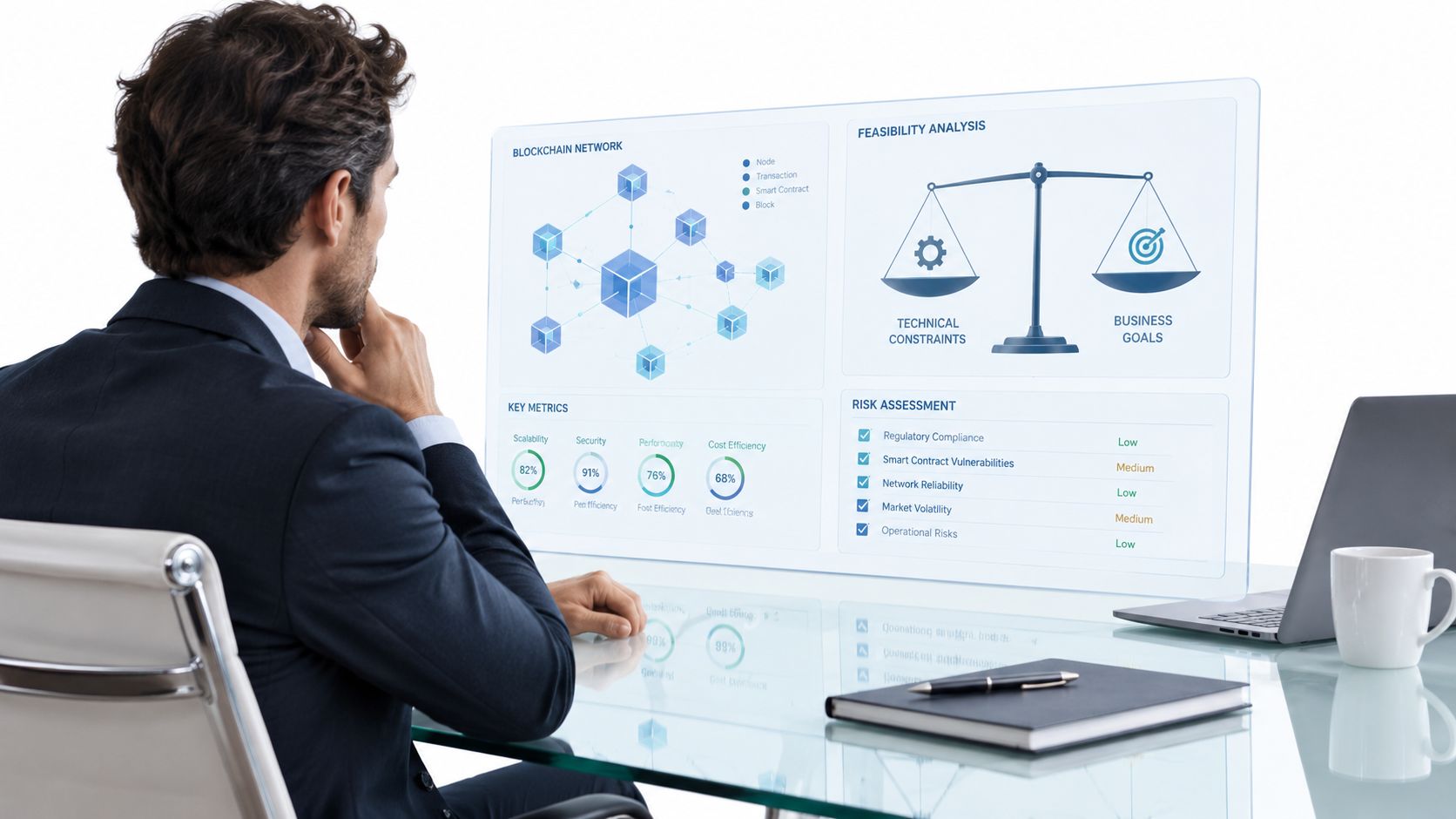 A professional businessman reviews blockchain network data and feasibility metrics on a digital transparent glass interface screen.