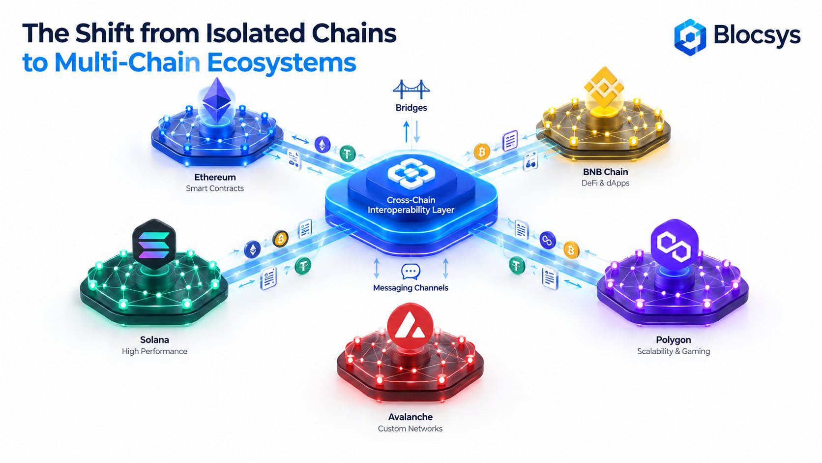 A diagram illustrating cross-chain interoperability, showing how different blockchain networks connect through a central layer.