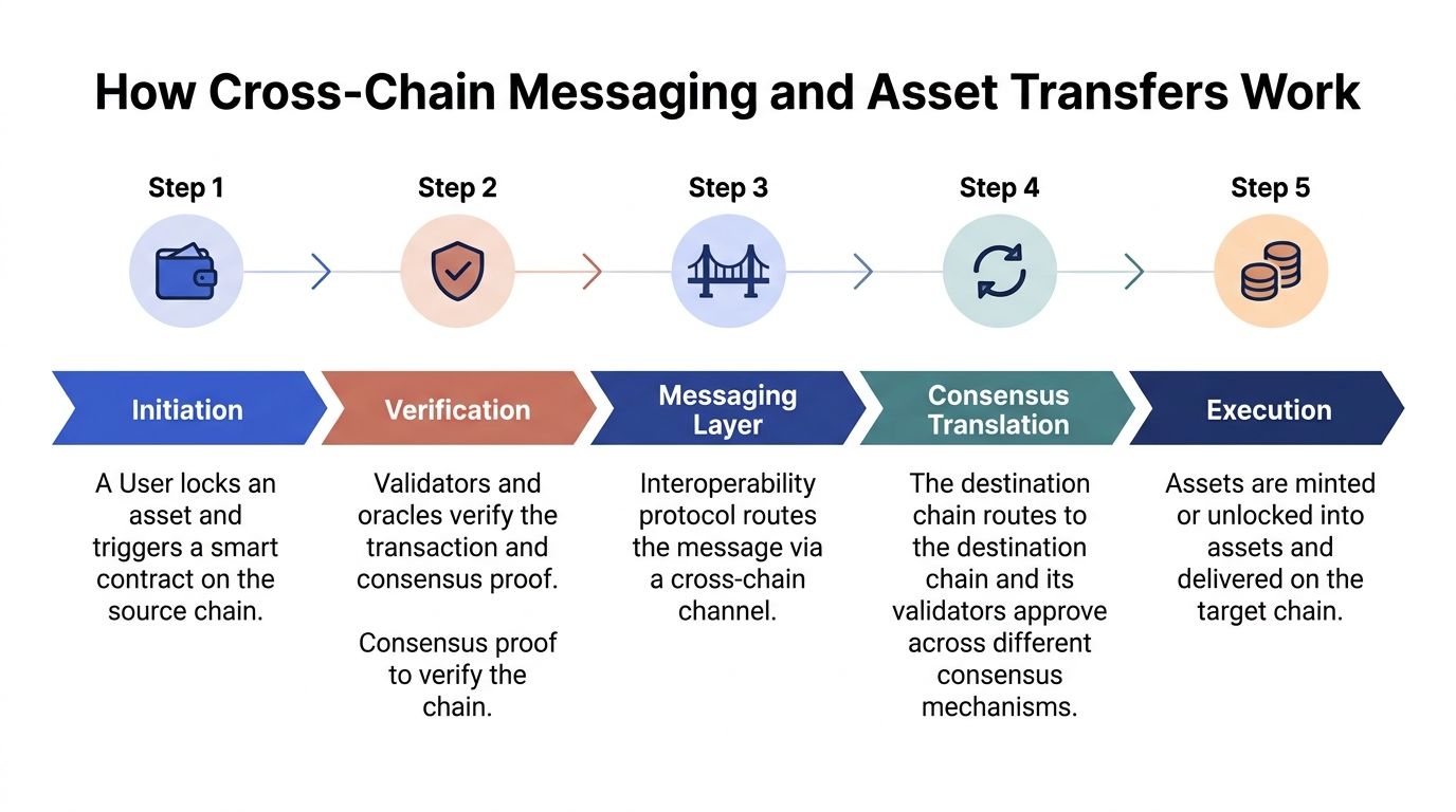 A diagram illustrating the five-step process of cross-chain messaging and asset transfers within blockchain networks.