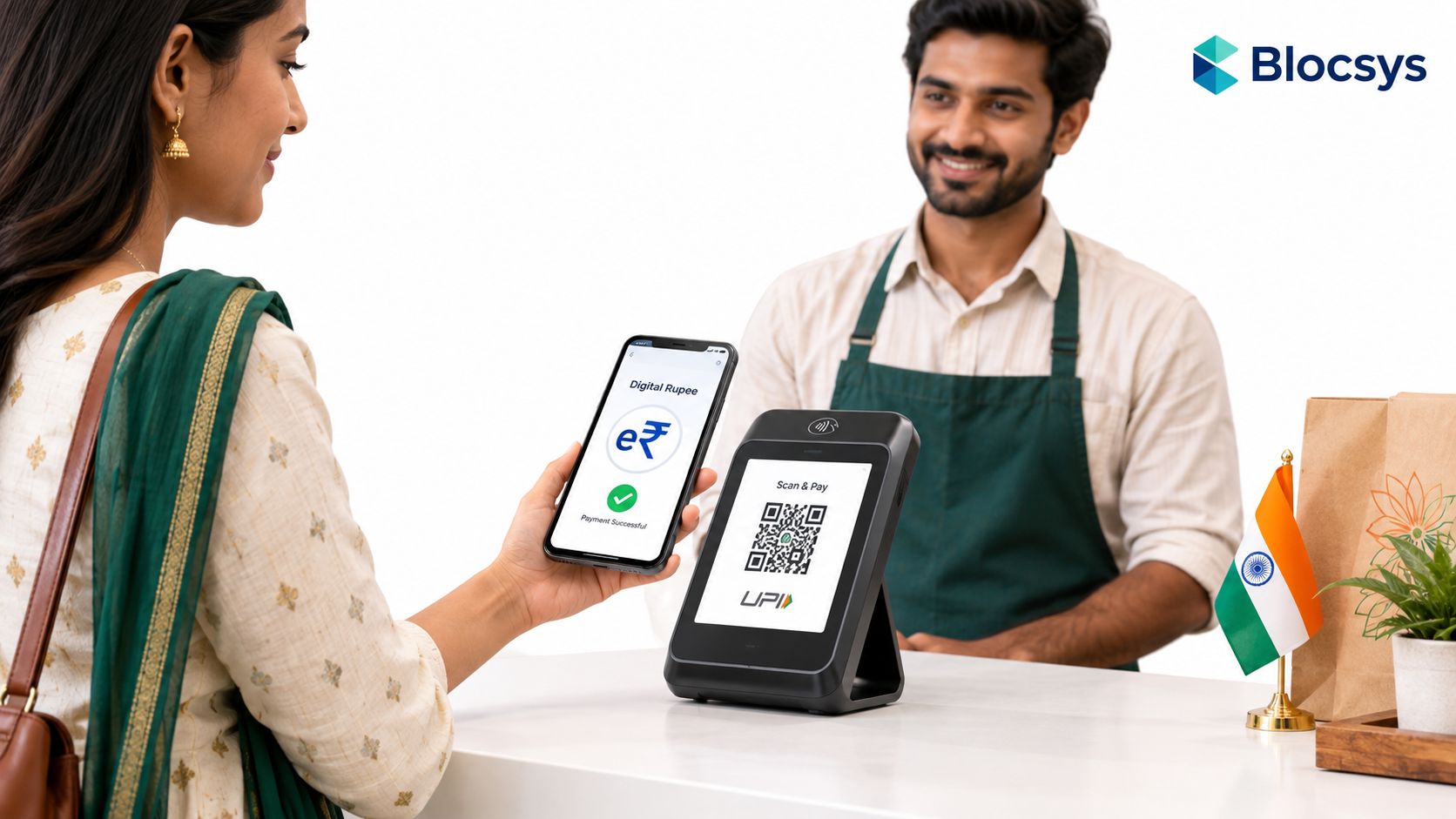 A woman making a digital rupee payment using her smartphone at a shop counter in India.