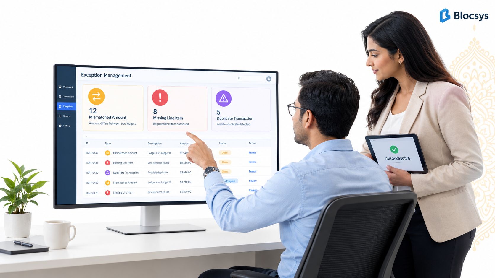 A man and a woman in a professional office environment discussing financial reconciliation software on a monitor.