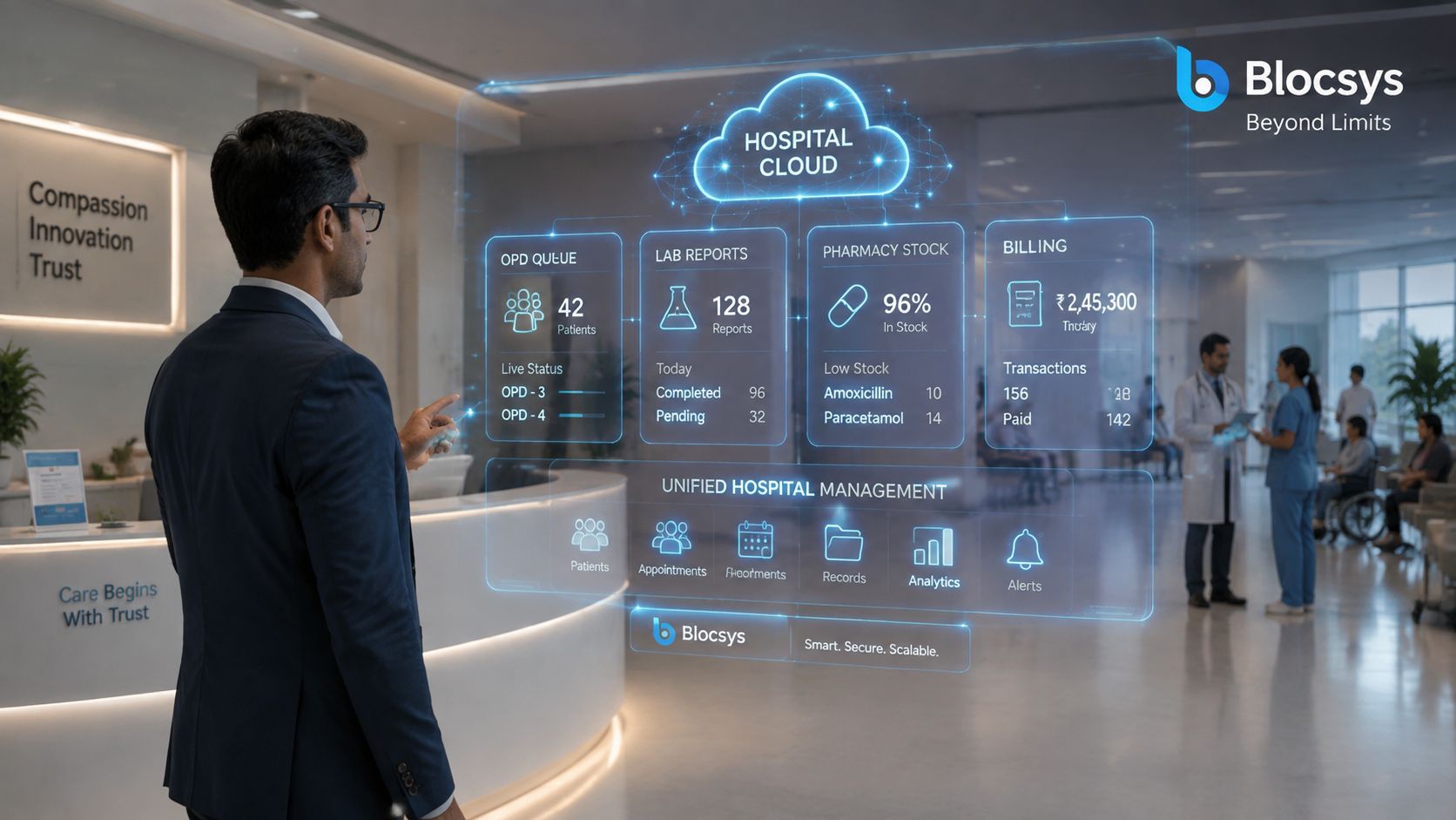 A professional man interacting with a futuristic digital holographic dashboard displaying hospital management data and analytics.