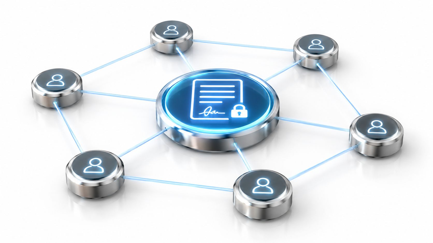 A digital document icon with a padlock and signature, connected to multiple user nodes via glowing lines.