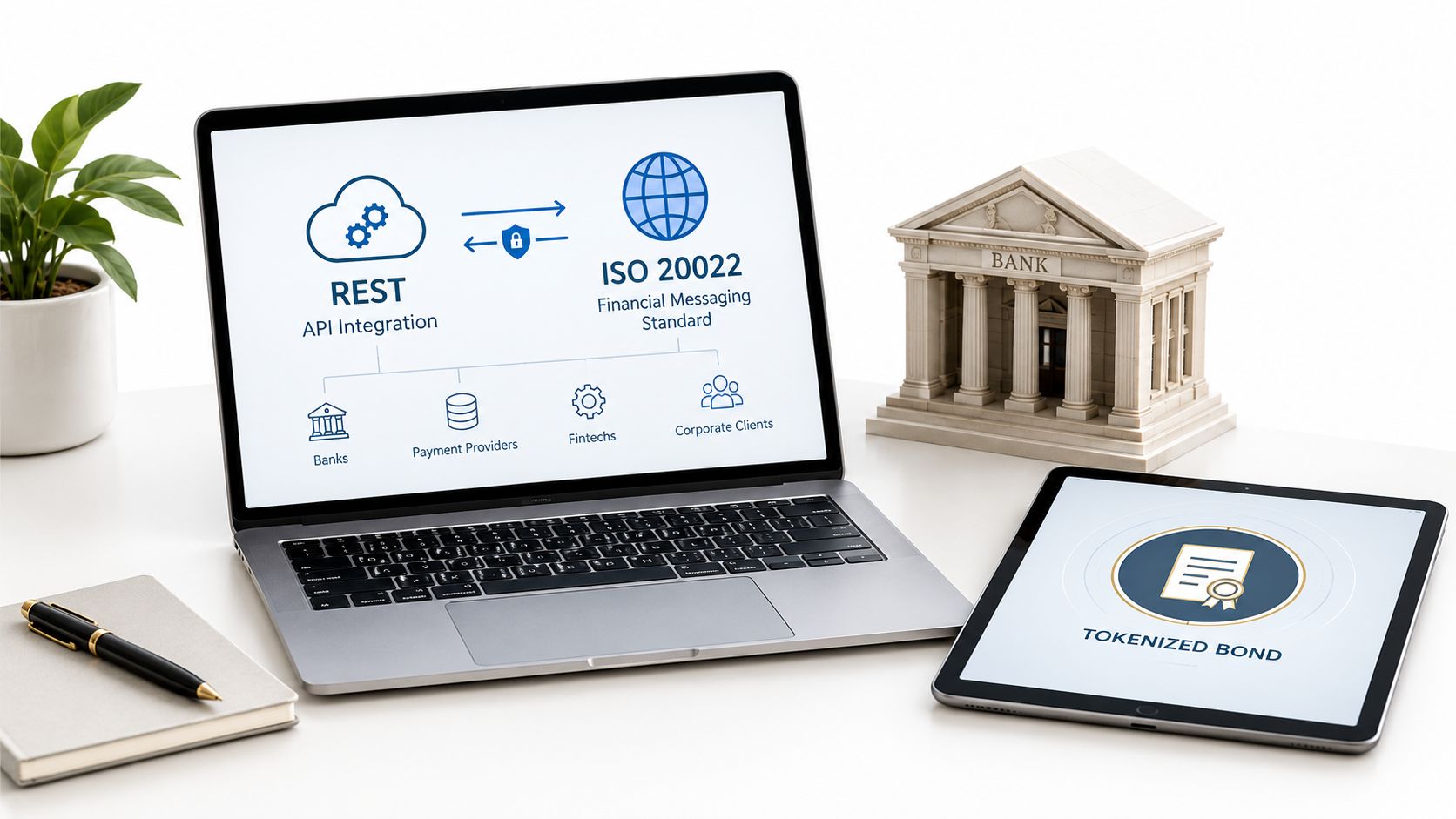 A laptop showing REST API integration with ISO 20022 and a tablet displaying a tokenized bond concept.