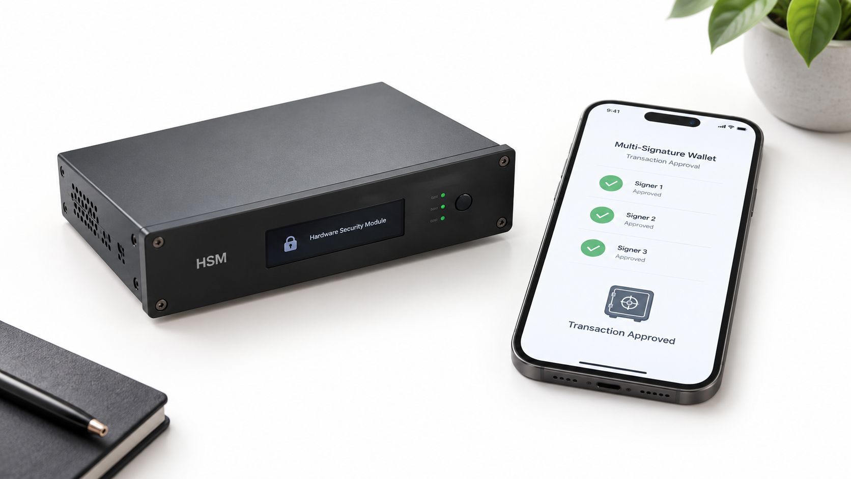 A Hardware Security Module device sits next to a smartphone displaying a multi-signature transaction approval screen.