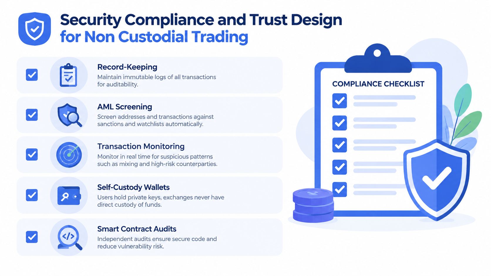 A checklist diagram highlighting security compliance measures for non-custodial decentralized exchange trading and asset management platforms.