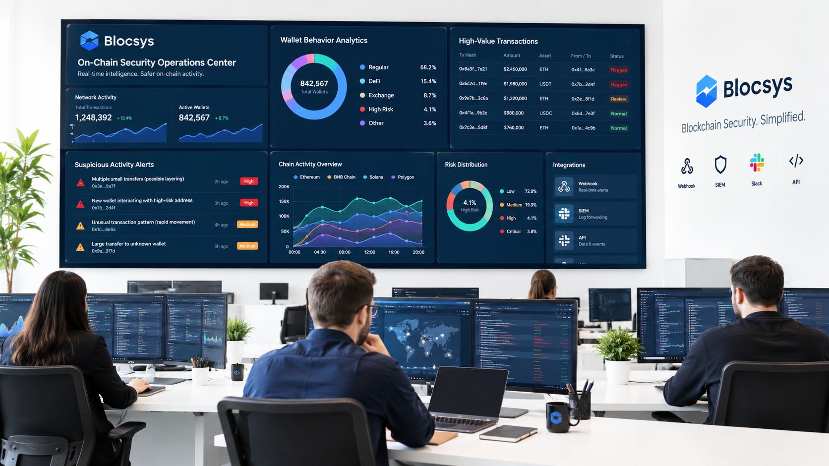 A modern office space with analysts monitoring a large screen showing blockchain security dashboards and metrics.