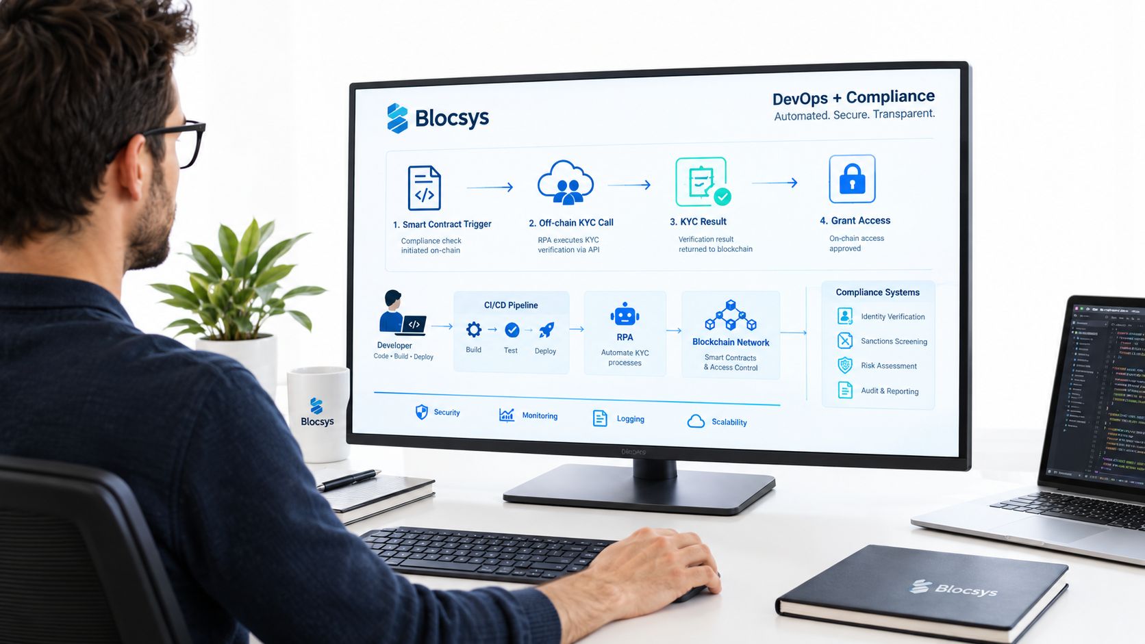 A professional developer working at a desk, reviewing a flowchart about DevOps and compliance on a large computer monitor.