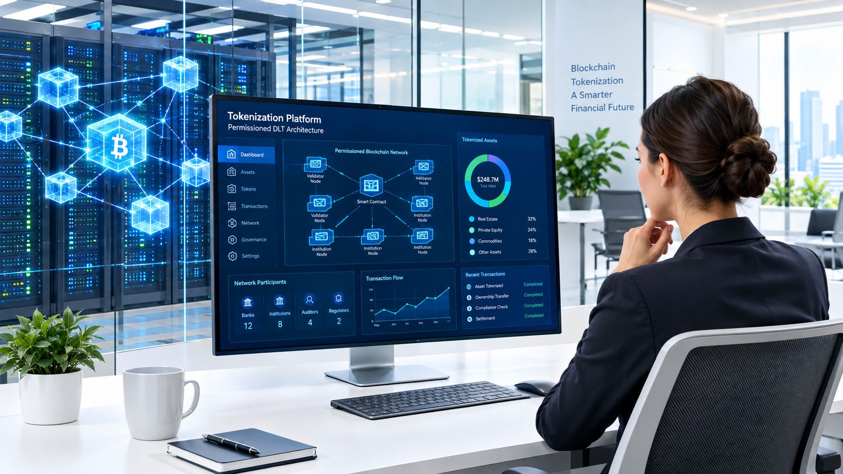 A professional woman monitoring a blockchain tokenization dashboard in a modern data center office environment.