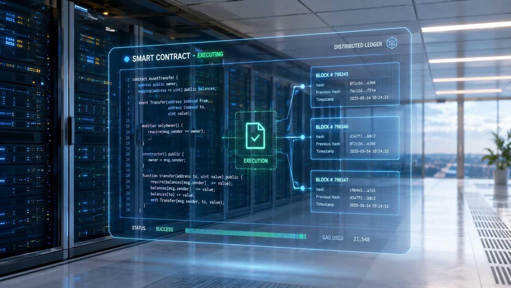 A digital display in a data center shows a smart contract executing on a blockchain ledger.