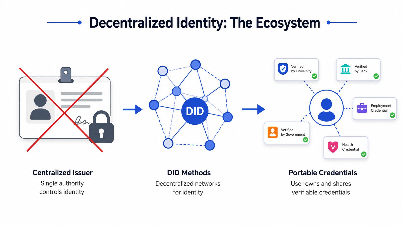 A diagram illustrating the ecosystem of decentralized identity, showing the transition from centralized issuers to decentralized networks.