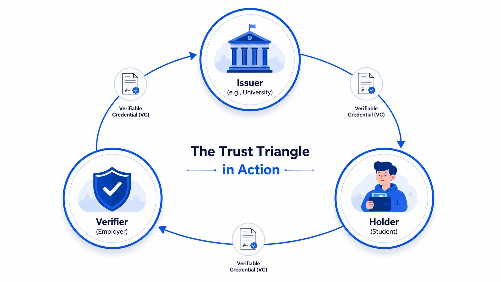 A diagram illustrating the Trust Triangle in decentralized identity, featuring an Issuer, a Holder, and a Verifier.