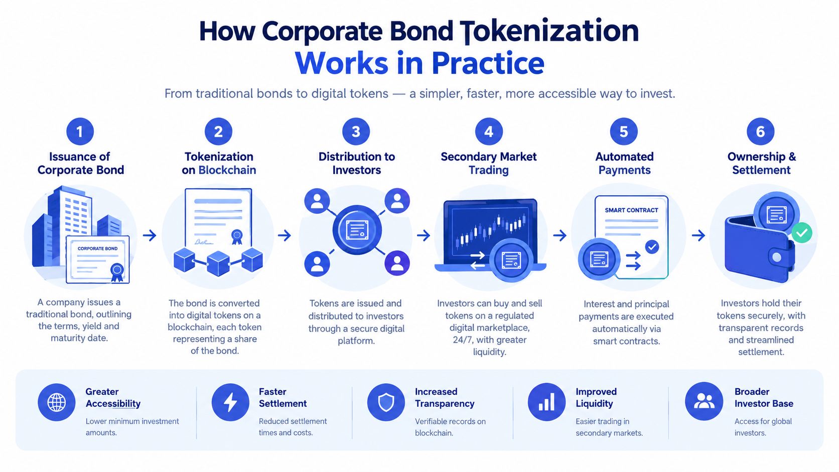 An infographic illustrating the six steps of the corporate bond tokenization process from issuance to final settlement.