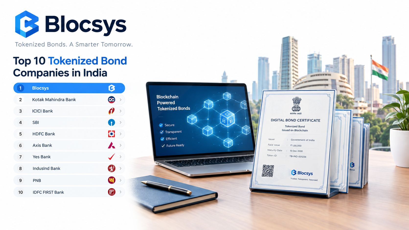 A digital graphic listing the top ten tokenized bond companies in India featuring a laptop and certificate.
