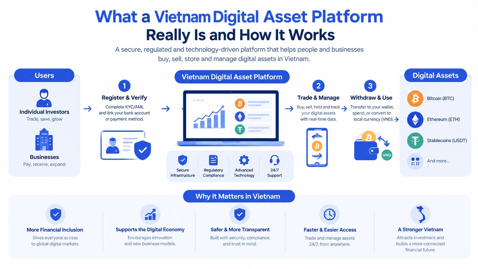 A diagram explaining how a regulated digital asset platform works for users and businesses in Vietnam.