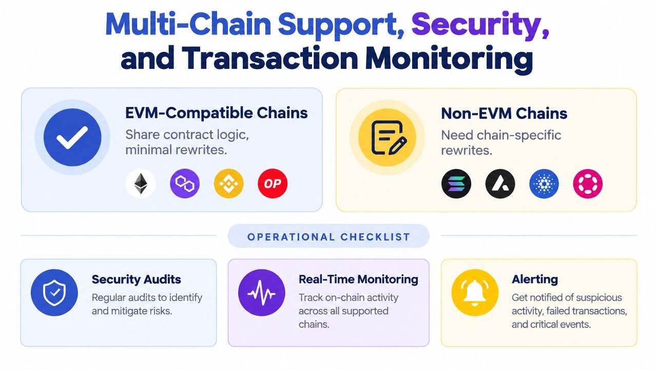 A chart illustrating multi-chain support, security practices, and real-time transaction monitoring features for blockchain and Web3 infrastructure.