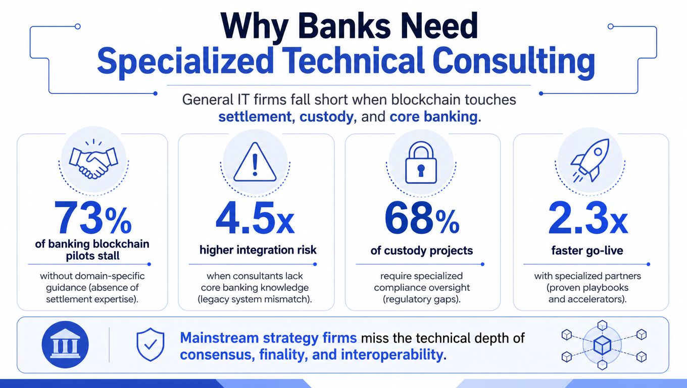 An infographic titled Why Banks Need Specialized Technical Consulting explaining the risks of generic IT consulting for blockchain.