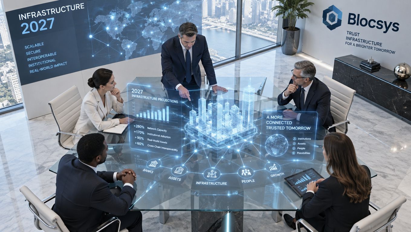 A professional team in a boardroom analyzing holographic data projections regarding future blockchain infrastructure trends in 2027.