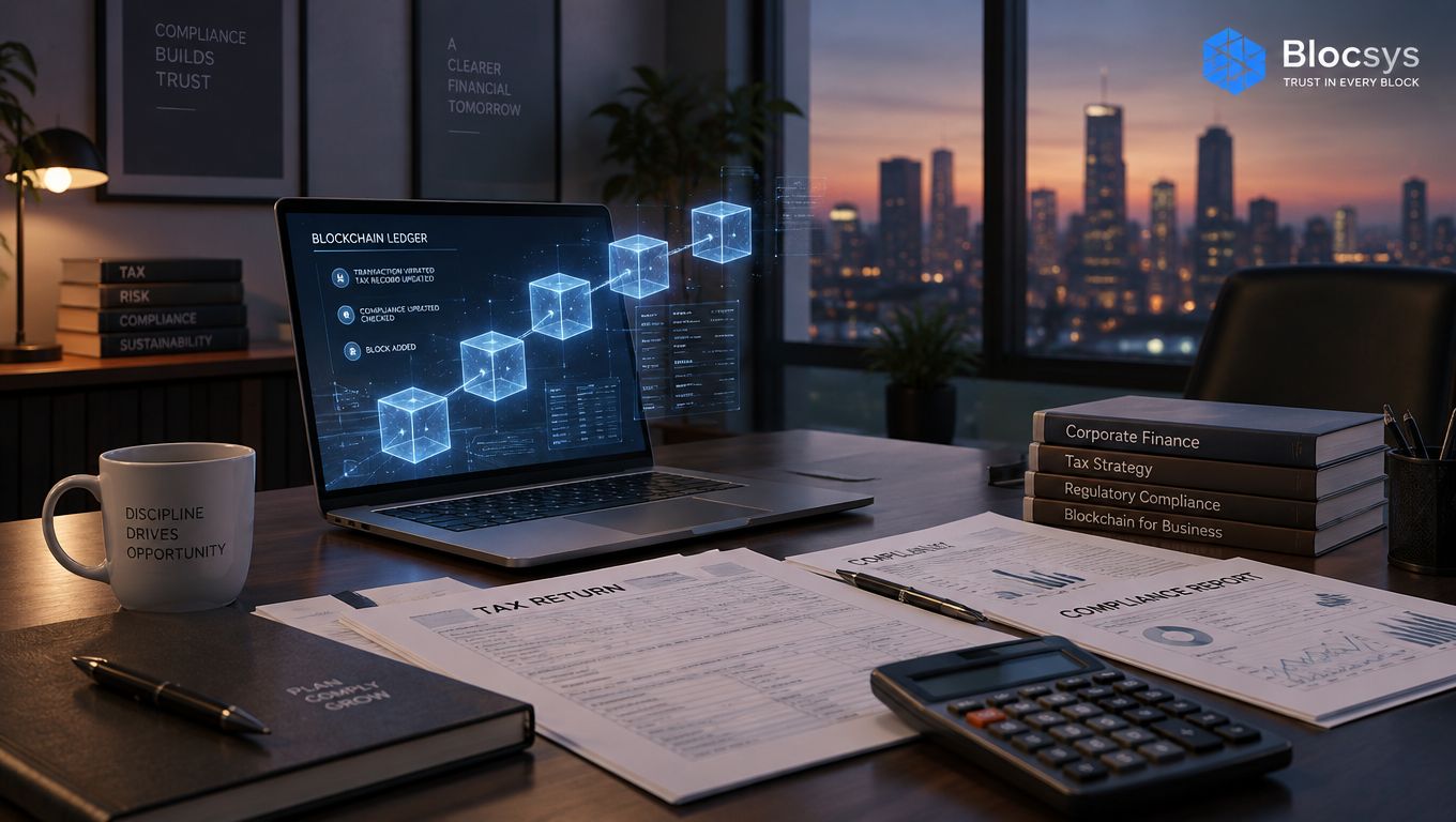 A modern office desk featuring a laptop displaying a blockchain ledger visualization, tax documents, and professional business books.