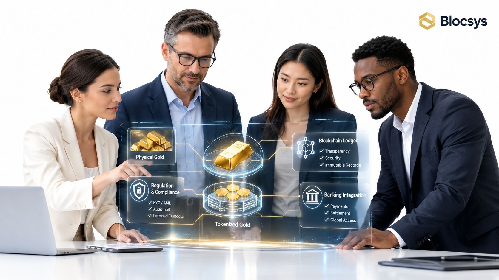 A professional team discussing a gold tokenization project using a holographic interface on a modern desk.
